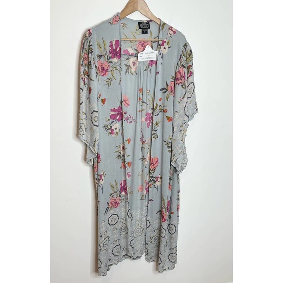 Angie Women's Open Front Kimono Size Medium Blue Gray Floral Long Length Rayon - Picture 2 of 9